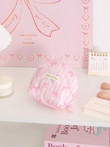 Pink Bow Cosmetics Bag Large Capacity Makeup Bag Portable Coin Wallet Zipper Coin Purse Small Items Storage Pouch Strip Pattern Lipstick Earbuds Bag - Multicolor - View 17