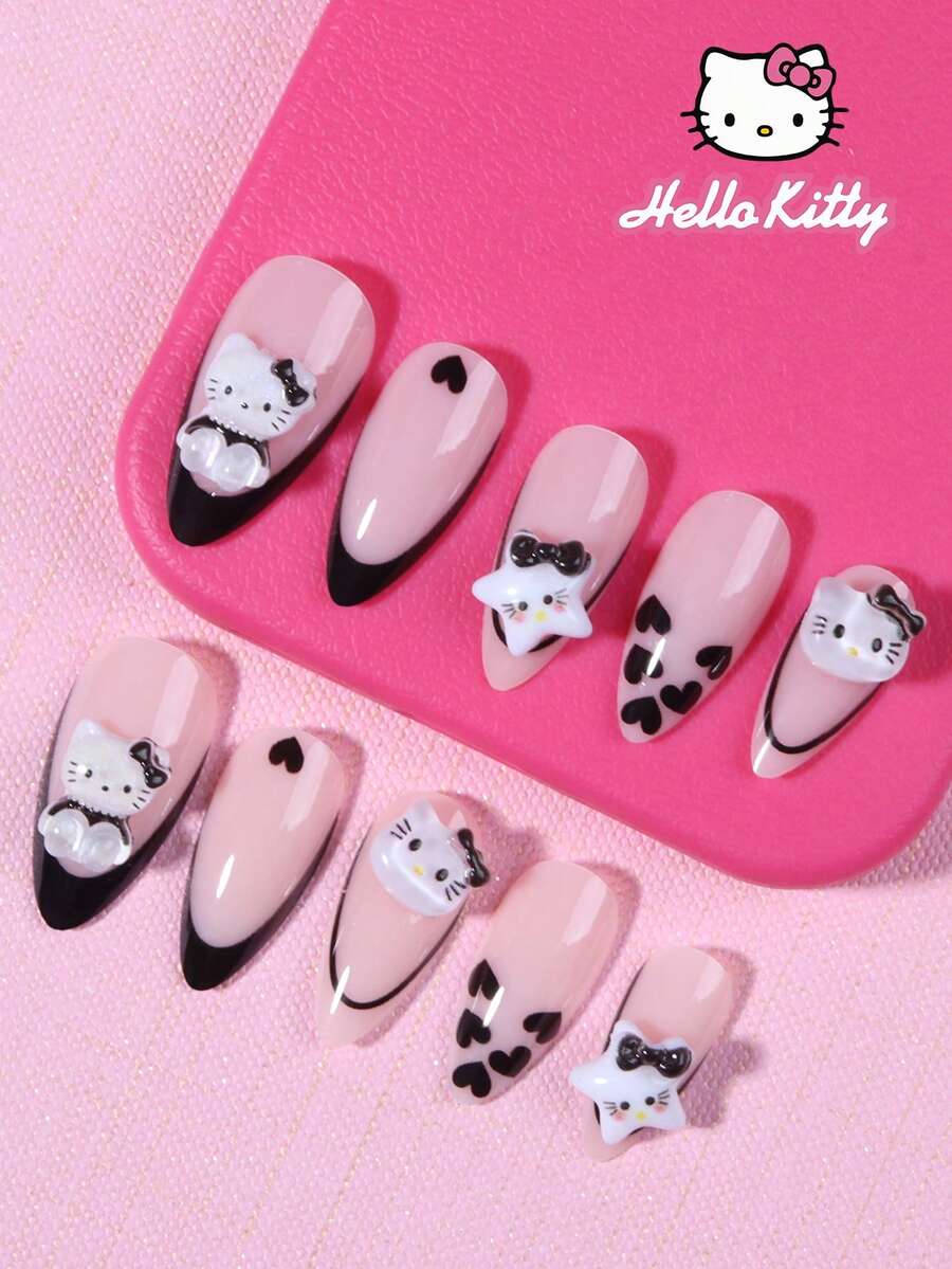 Sanrio Hello Kitty 24片杏仁形黑色愛心法式指尖美甲貼,附可愛3D Hello Kitty、蝴蝶結與愛心裝飾,完美貼合壓克力假指甲套組,含1片果凍膠與1片美甲锉,適合女孩日常與派對使用 - 彩色 - 查看 1
