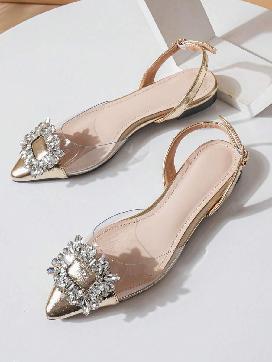 Sexy Pointed Toe Single Strap Gold Sandals Women Spring 2026 New French Low Vamp Rhinestone Flat Shoes - Gold - View 1