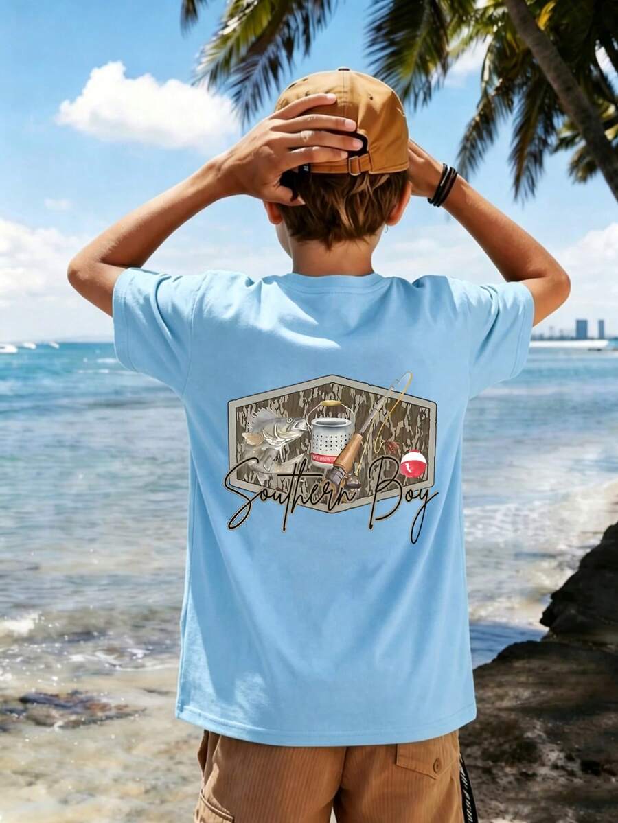 青少年男孩休閒趣味圖案印花圓領套頭短袖T恤夏季上衣 - 淺藍色 - 查看 1