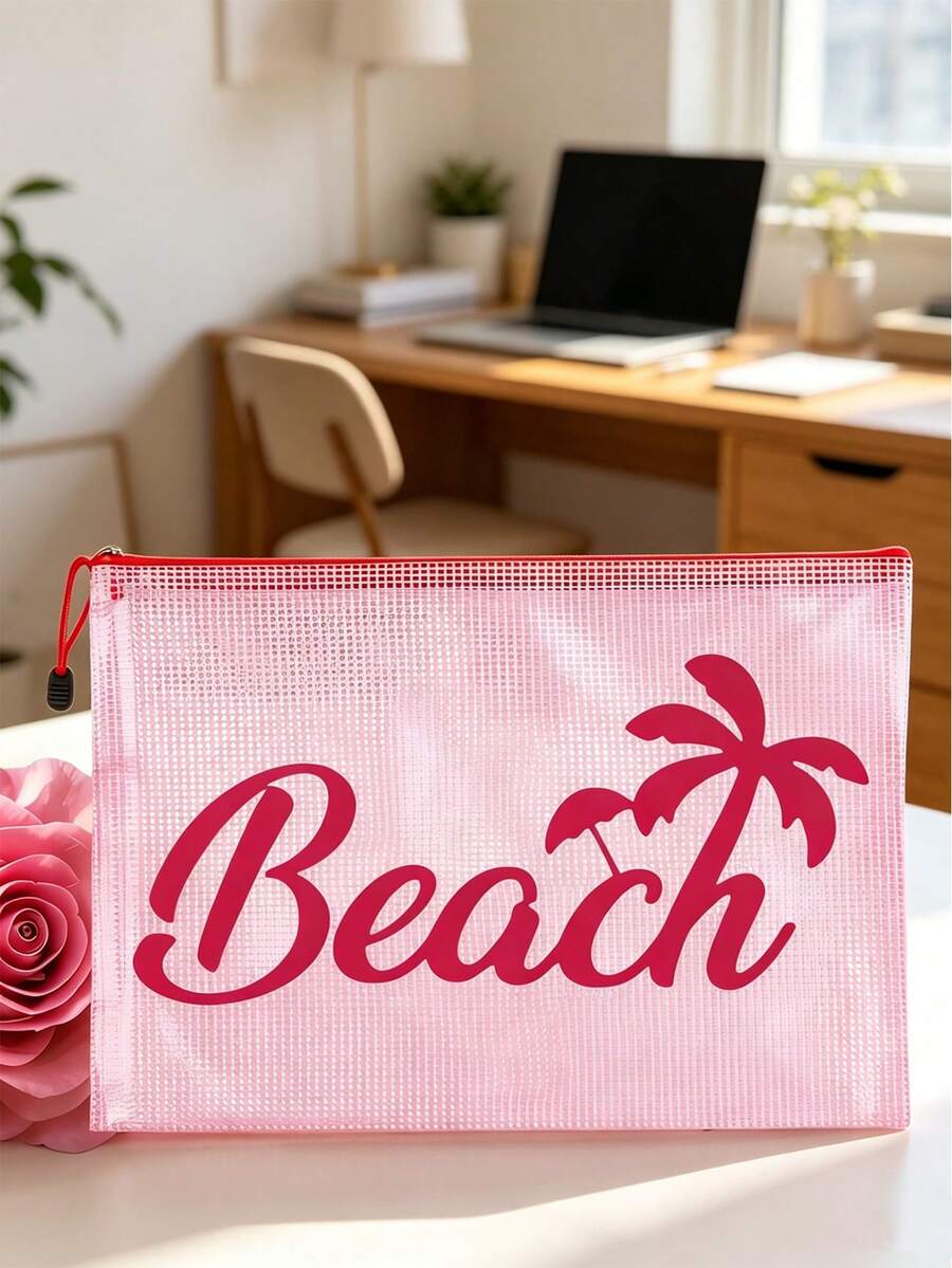 A4 Size Transparent PVC Makeup Bag With "Beach" Pattern, Waterproof Portable Cosmetic Pouch, File Folder, Large Capacity Clear Makeup Case With Nylon Zipper, Bathroom Storage Bag, Jewelry Organizer, Lip Gloss And Cosmetics Holder, Travel Essentials, Dorm Supplies, Ideal For Beach, Diving, Travel, Vacation And Daily Use - Multicolor - View 1