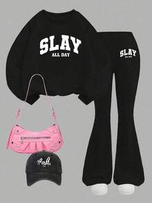 Teen Girl Letter Print Crew Neck Long Sleeve Sweatshirt And Flare Pants Casual Daily Outfit - Black - View 2