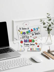 1 pieza Decoración de escritorio de acrílico con forma de rompecabezas personalizada, recuerdo de agradecimiento al maestro personalizado, nombre y texto personalizables, decoración de garabatos con tema escolar lindo (manzana, lápiz, libro y corazón), regalo ideal de agradecimiento al maestro, decoración de escritorio de aula, Día del Maestro - Multicolor - Ver 9