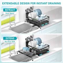 1pcs Expandable Dish Drying Rack Carbon Steel Dish Rack For Kitchen Counter, Space Saving Dish Drainer With Utensil Holder And Drainboard - Black - View 5
