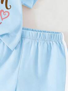 Tween Girl Print Pattern (Pretty Girl, Letter And Heart Pattern) Round Neck T-Shirt + Shorts Summer New Style Daily Comfortable Girls Set - Baby Blue - View 6