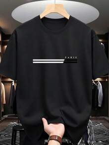 Camiseta de manga corta de cuello redondo con estampado de letras, casual y versátil para uso diario - Negro - Ver 1