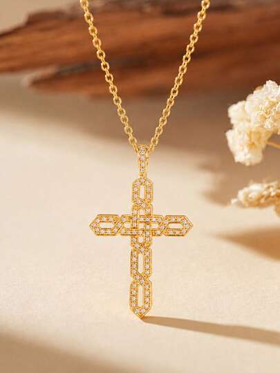 1pc Hip Hop Stainless Steel O Chain CZ Paved Chain Link Cross Pendant Necklace, Iced Out Faith Jewelry For Men, Streetwear Party Birthday Gift