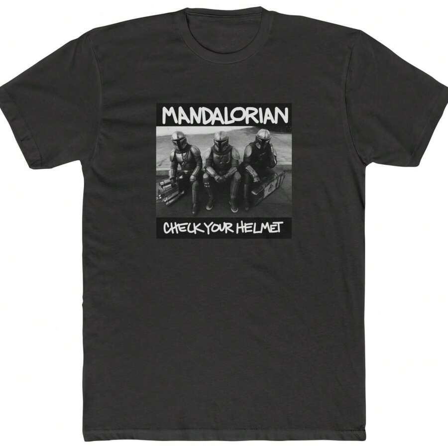 Mandalorian Check Your Helmet Unisex Tee, Crew Neck T-Shirt - 黑色 - 查看 1