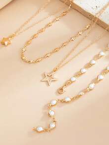 Fashionable Pearl-Like Fringed Collar Chain. Creative Hollowed-Out Five-Point Star Y-Shaped Layered Collar Chain. - Necklace Set - View 7
