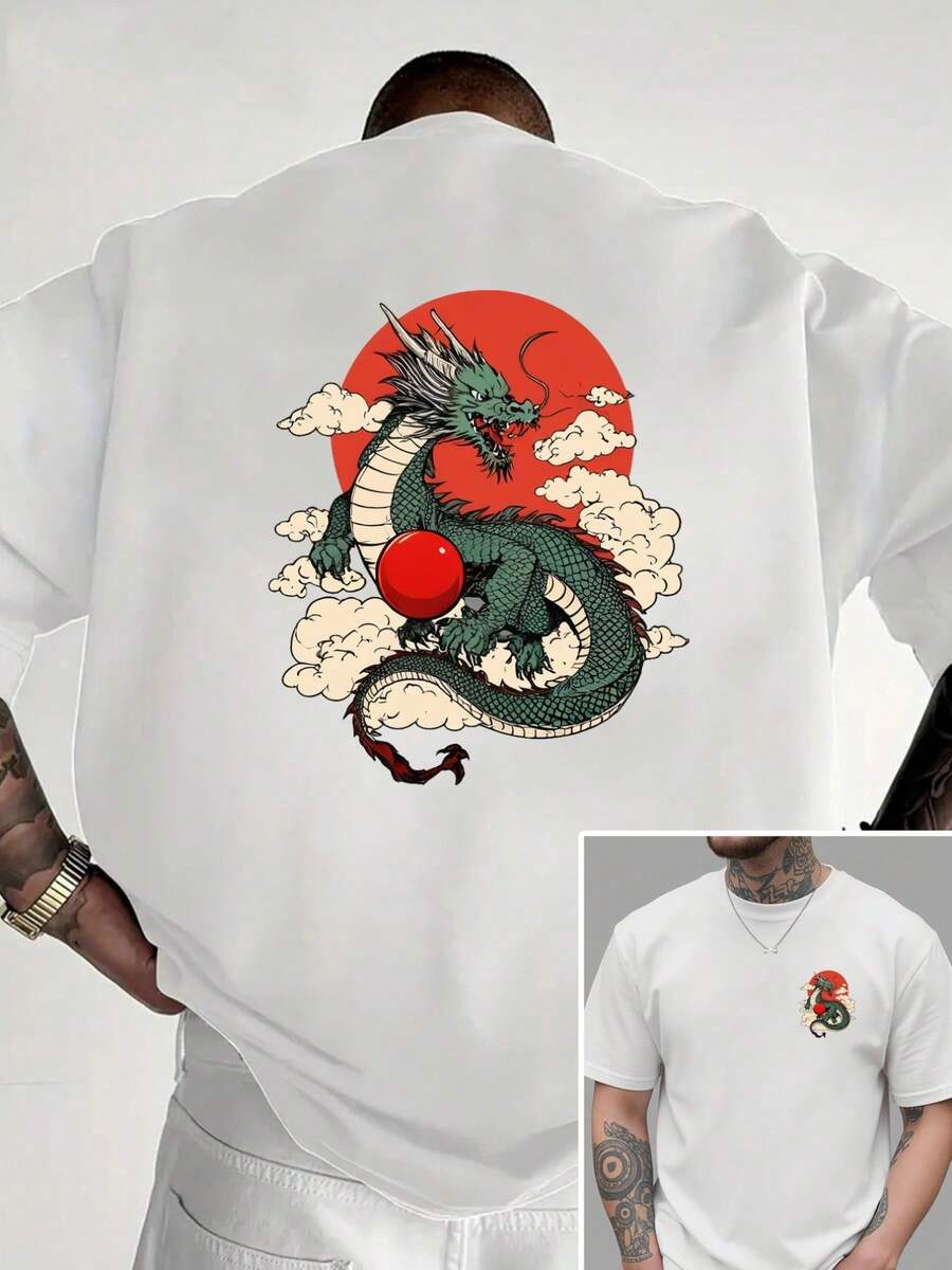 Camiseta de cuello redondo para hombre con estampado de dragón y sol rojo en ambas caras, estilo casual, deportivo, moderno y holgado, de manga corta para estudiantes y adolescentes. - Blanco - Ver 1