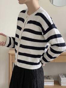 Women's Cardigan, Round Neck, Single-Breasted Button, Long Sleeve, Flared Sleeve, Commute, Minimalist, Contrast Color Striped, Loose, Lazy, Warm, Thick Knit Sweater, Autumn/Winter - White - View 7