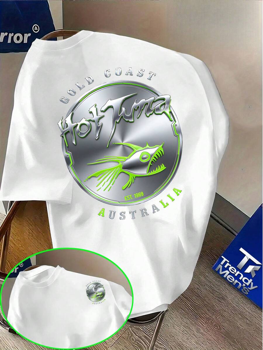 [Diseño estampado, no texturizado/bordado/lentejuelas, NO mezclilla, esto el estampado]¡Camiseta de manga corta con estampado de letras Hot Tuna Australian Est1969, estilo motociclista - Negro - Ver 1