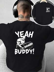 Camiseta de moda para hombre con diseño estampado a doble cara, camiseta con estampado deúsculos para fitness, para entusiastas del gimnasio, estilo callejero americano, para uso cas - Negro - Ver 1