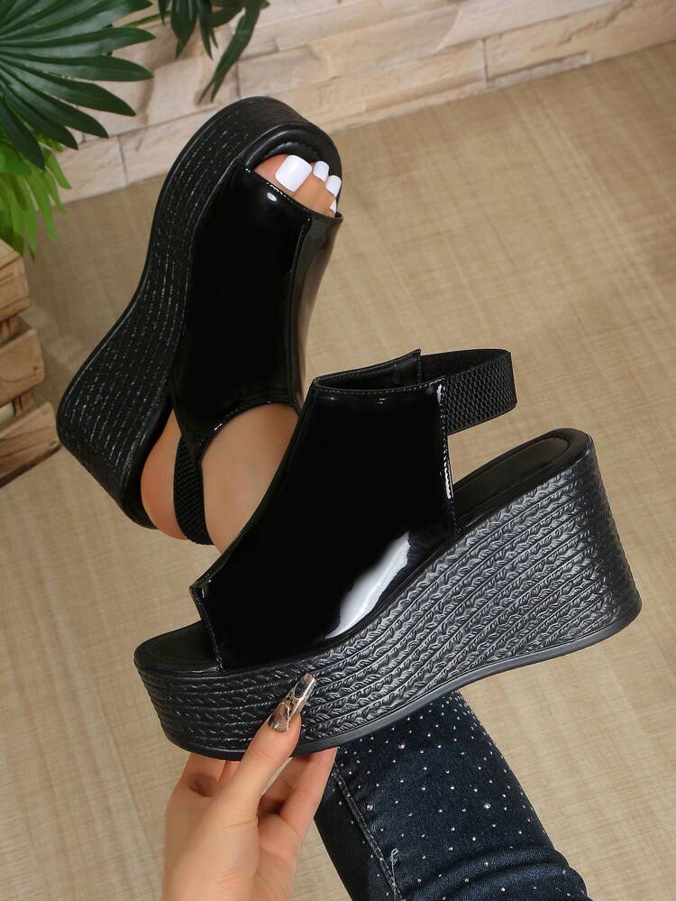 Sandal đế xuồng nữ màu trơn, hở ngón, quai cổ chân, đế dày, sandal đế xuồng thường ngày mùa hè dây chun co giãn - Lớp hoàn thiện màu đen bóng - Xem 3