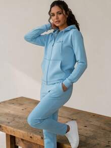 CONJUNTO DEPORTIVO CASUAL DE  2 PIEZAS  PARA MUJER, SUDADERA CON CAPUCHA Y PANTALON  (LS2023) - Azul menta - Ver 1