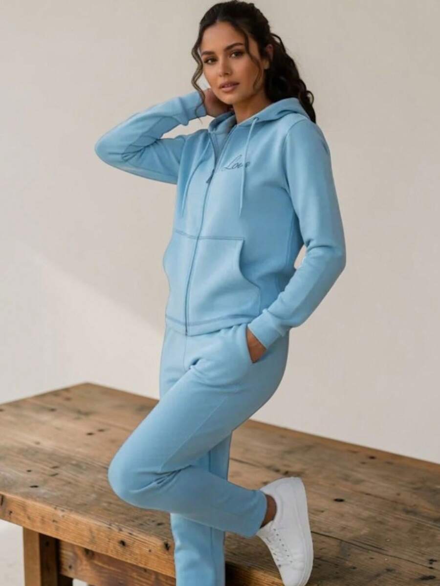 CONJUNTO DEPORTIVO CASUAL DE 2 PIEZAS PARA MUJER, SUDADERA CON CAPUCHA Y PANTALON (LS2023) - Azul menta - Ver 1