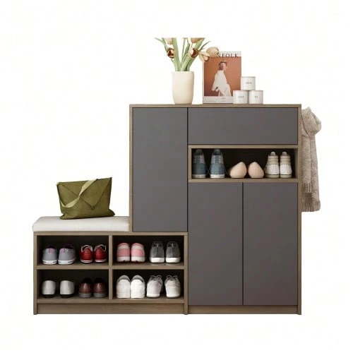 Shoe Bench And Cabinet, Multifunctional Shoe Rack With Padded Seat, Versatile Storage Solution With Adjustable Shelves For The Entryway, White, W 140/D 35/H 110 Cm - 灰色 - 查看 1