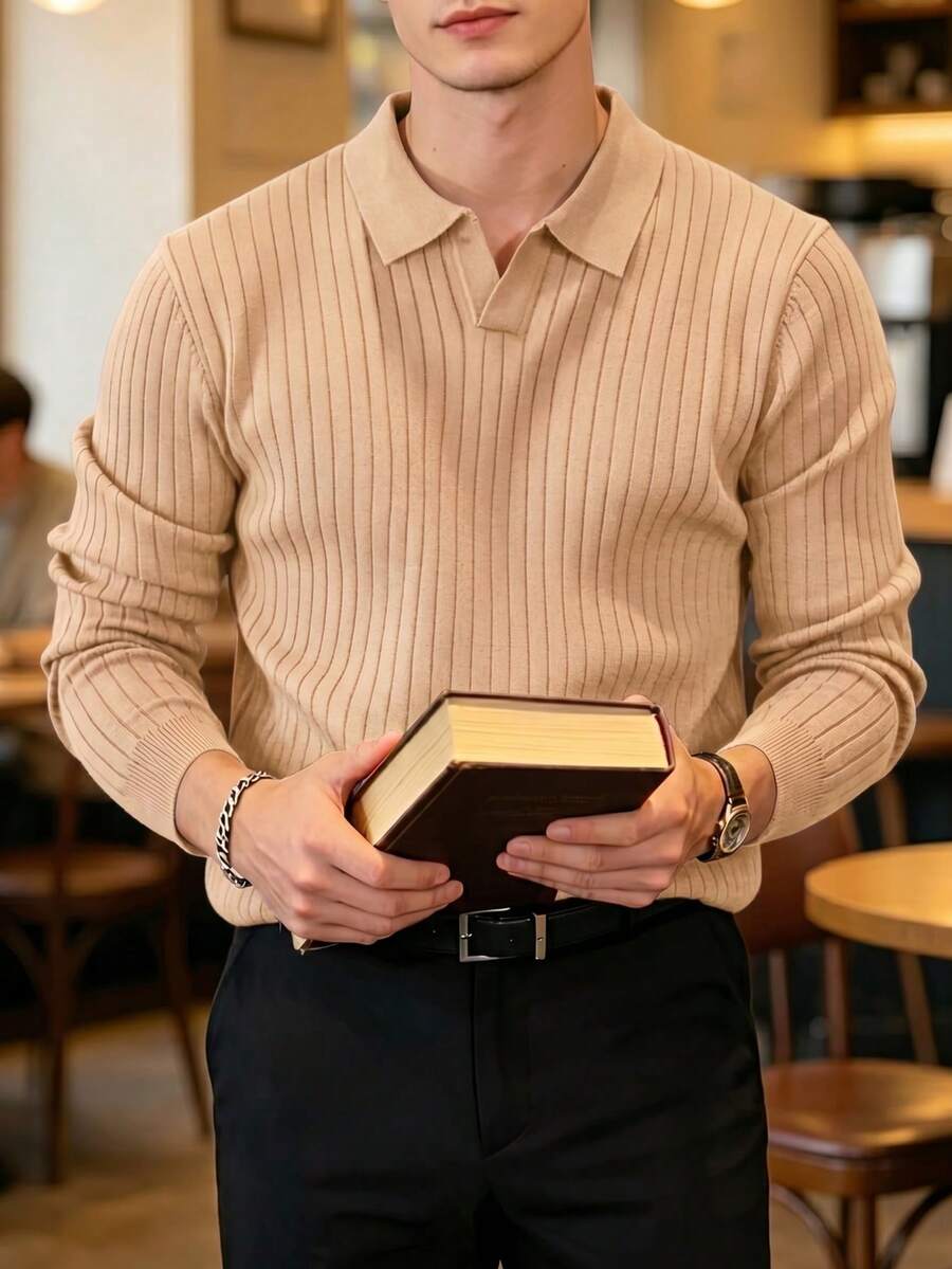 ALTZTAR 男士宽松修身长袖条纹针织 Polo 衫,简约时尚,适合日常通勤、春秋季穿着。 - 杏色 - 查看 1