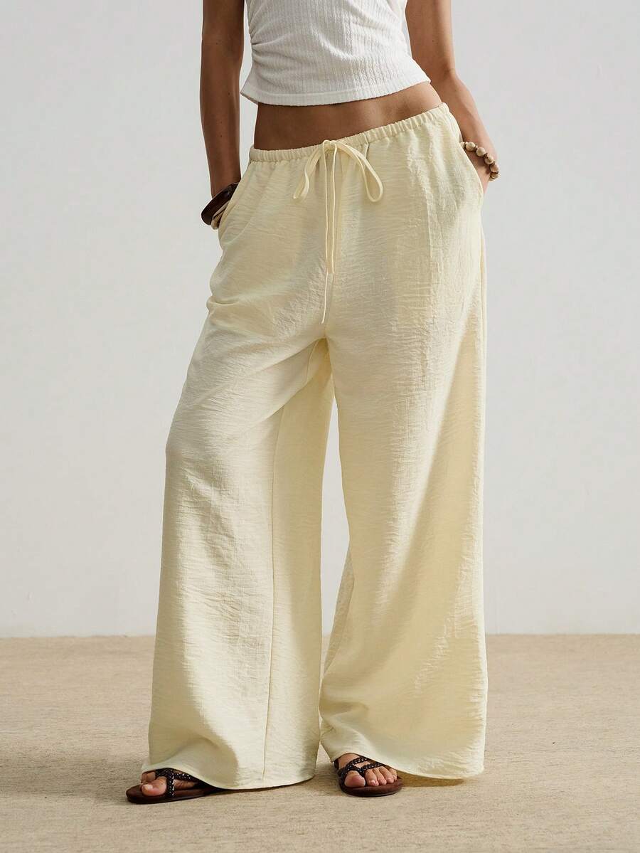 Women's Solid Color Drawstring Waist Casual Versatile Commuting Wide Leg Pants Summer - Yellow - View 1