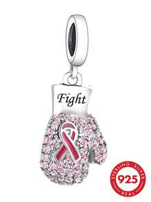 HuooNew 1pc 925 Sterling Silver Boxing Glove Pendant Charm, Pink Ribbon Breast Cancer Awareness Cubic Zirconia Pendant Bead, Suitable For European Style Bracelets, Support - Silver - View 5
