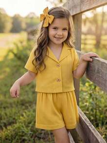 Young Girls' V-Neck Short Sleeve Shirt + Elastic Waist Loose Shorts 2 Pieces Vacation Outfit, Spring/Summer - Yellow - View 2