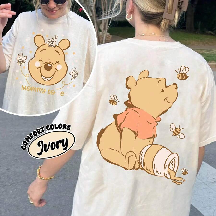 Disney Winnie The Pooh Mommy To Bee Graphic Tee, Cute Bear & Honey Bees Print, Kawaii Cartoon Short Sleeve Top, Summer Casual Disney Style - 杏色 - 查看 1