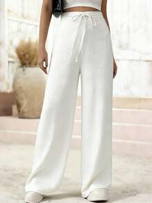 Women's Linen Palazzo Pants, Adjustable Waist With Drawstring, Side Pockets, Casual And Breathable For Vacations - 白色 - 查看 2