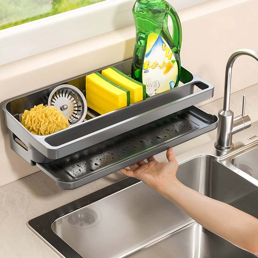 1/2pcs No-Drill Wall Mounted Storage Shelf, Universal Kitchen & Bathroom Organizer Rack, Bathroom Toiletries & Kitchen Seasoning Multifunctional Organizer, Detachable Towel Hook & Drip Tray, Kitchen & Bathroom Cleaning Tool Storage - Black - View 1