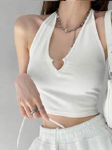 Camisola con cuello en V y corazón ahuecada para mujer, camisetas sin mangas con cuello Halter, camisola recortada ajustada con cordones a la moda de verano - Gris - Ver 14