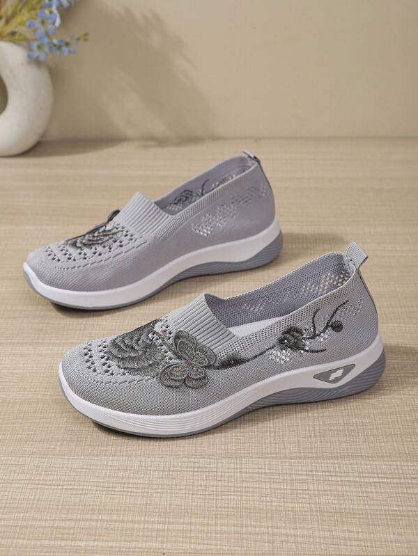 Women's Summer Ballet Flats, Chinese Style Embroidered Knit Mesh Mom Shoes, Elegant Women's Flat Shoes