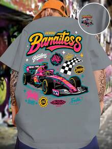 Camiseta de hombre con diseño de coche, impresión a doble cara, moderna y a la moda, holgada y suave, cuello redondo, ropa deportiva casual de calle para primavera y verano, camiseta de mang - Negro - Ver 11