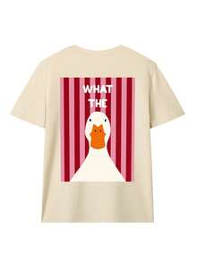 Women's Pink "What The" Funny Duck Print Short Sleeve T-Shirt | Red And White Striped Background | Playful Cartoon Style - Apricot - View 4