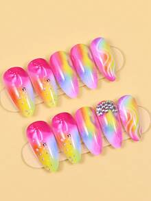 24PCS Press On Nails Medium Almond Shaped Colorful Gradient False Nails With Rhinestones Design Artificial Acrylic Nails Almond Stick On Nails Full Cover Coffin Nails Reusable On Nails For Women - 彩色 - 查看 2