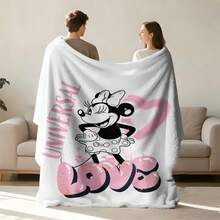 Love塗鴉風米妮鼠法蘭絨披毯，柔軟舒適絨毛毛毯，白色與粉色愛心背景，適用於沙發、床鋪、客廳、臥室、辦公室、旅行，四季皆宜 - 顏色 1 - 查看 2