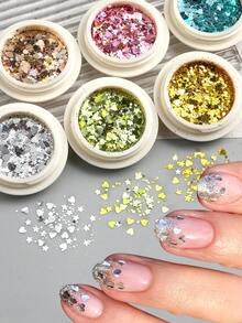 6 cajas de mini brillo para uñas con forma de corazón redondo brillante, decoración de arte de uñas con estrellas brillantes, lunares, metal dorado, plateado, verde, azul y rosa, estilo de fiesta de verano, suministros DIY para uñas, dijes para uñas - Multicolor - Ver 4
