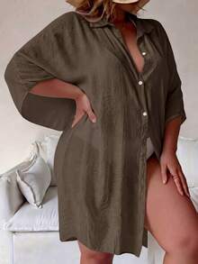 Baju Penutup Liburan Panjang Semi-Transparan Ukuran Besar, Dengan Kerah dan Lengan Sepanjang Pergelangan Tangan. Musim Panas Pantai - Coffee Brown - View 2