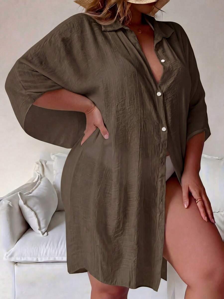 Baju Penutup Liburan Panjang Semi-Transparan Ukuran Besar, Dengan Kerah dan Lengan Sepanjang Pergelangan Tangan. Musim Panas Pantai