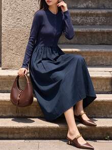Navy Knit Patchwork Midi Dress Stand Collar Button Long Sleeve Swing Casual Dress Elegant - Navy Blue - View 4