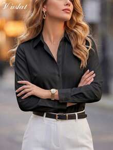 Vuslat 女款優雅商務休閒通勤修身白色鈕扣領長袖緞面防皺襯衫女上衣，適合辦公室工作、日常正式會議 - 黑色 - 查看 1