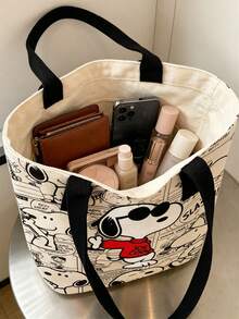 1pc Large Capacity Snoopy Color Block Canvas Shoulder Tote Bag, Casual Style, Durable Strap And Sturdy Fabric, Foldable Lightweight Tote Bag Suitable For Women, Perfect For School, Work, Gym, Beach And Other Occasions School Supplies - Rectangle - View 6