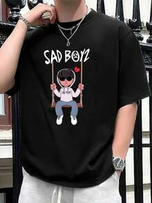 Men's Short-Sleeved T-Shirt, Printed Top, Casual Summer Sporty Style With Round Neck, Printed T-Shirt For Outdoor Summer Use - Unisex Cotton T-Shirt - 黑色 - 查看 1