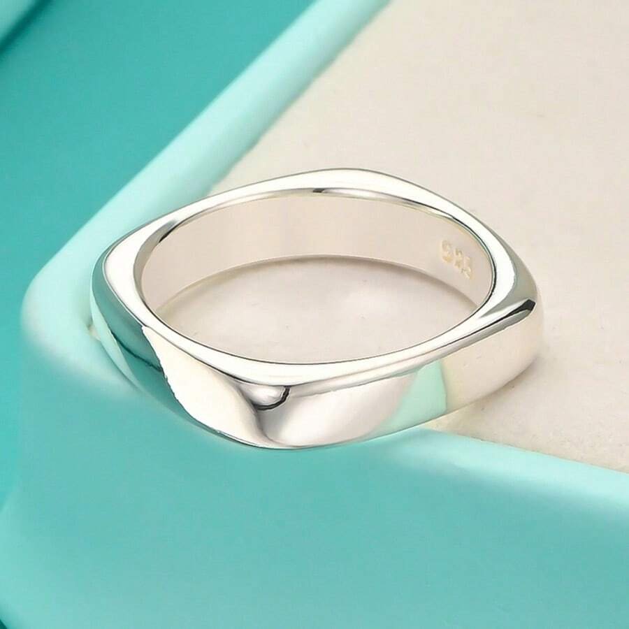 Anillo de plata 925 chapada, liso, redondo y cuadrado, 5-10, para mujer y hombre, joyería de moda para boda, encanto, compromiso y fiesta - Plateado - Ver 1