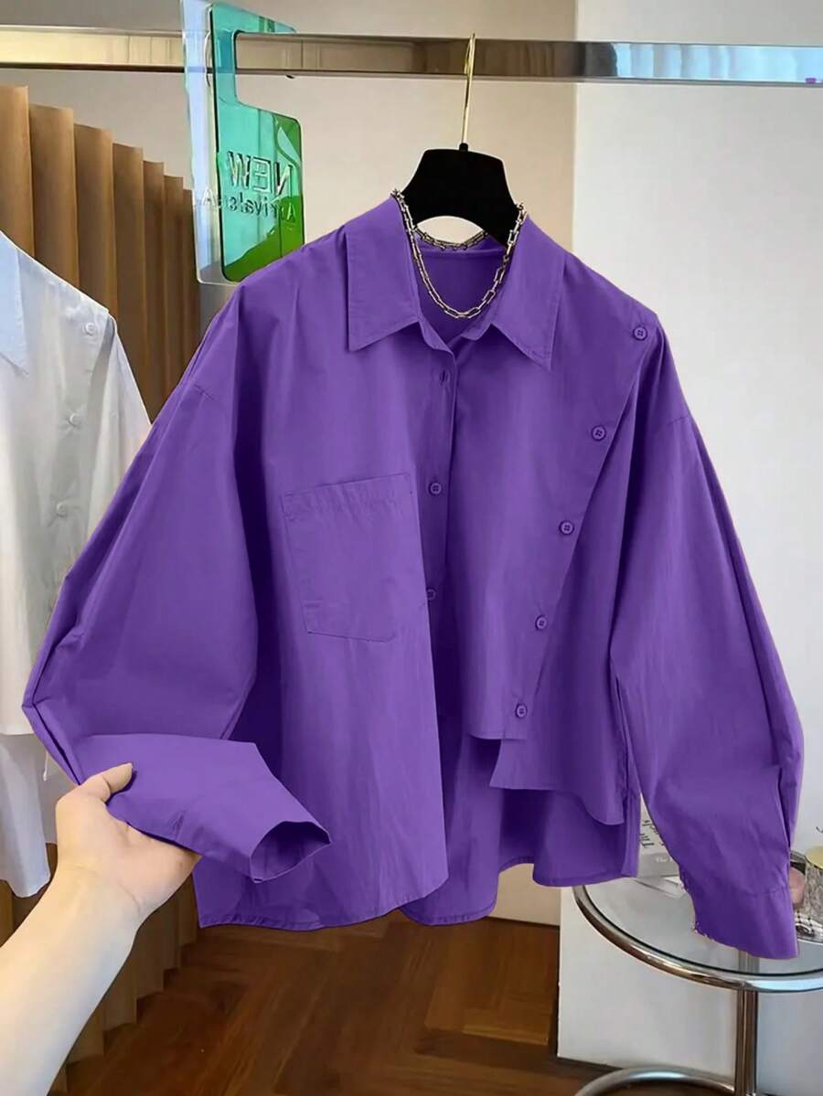 Camisa asimétrica única para mujer en múltiples colores, incluyendo rosa, adecuada para primavera, verano, otoño e invierno, diseño de bolsillo con botones frontales de unicolor, elegante y - Morado - Ver 1