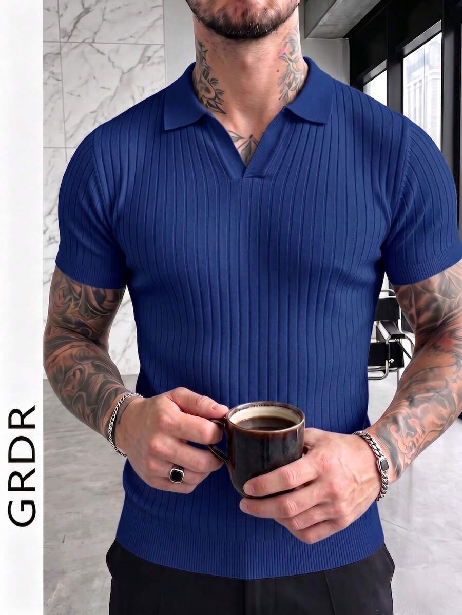 GRDR Men's Summer Airplane Collar Ribbed Solid Color Short Sleeve Knit Sweater, Suitable For Summer Outings, Essential For Fashionable Styling