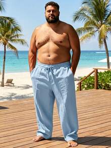 男士大尺碼 1XL-6XL 寬鬆直筒亞麻休閒長褲，夏威夷度假風海灘長褲 - 淺藍色 - 查看 3