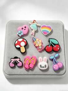 1 Set (10pcs) Multicolor Cute White Rabbit, Cherry, Mushroom, Heart Cartoon Shoe Charms, Fashionable Exquisite Classic DIY Shoe Decorations, Suitable For Party Accessories, Multi-Purpose Decoration - Multicolor - View 1