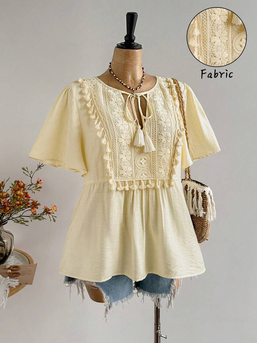 Rusttydustty Plus Size Women's Bohemian Yellow Ruffle Sleeve Blouse, Suitable For Vacation And Daily Wear Summer - Light Yellow - View 1