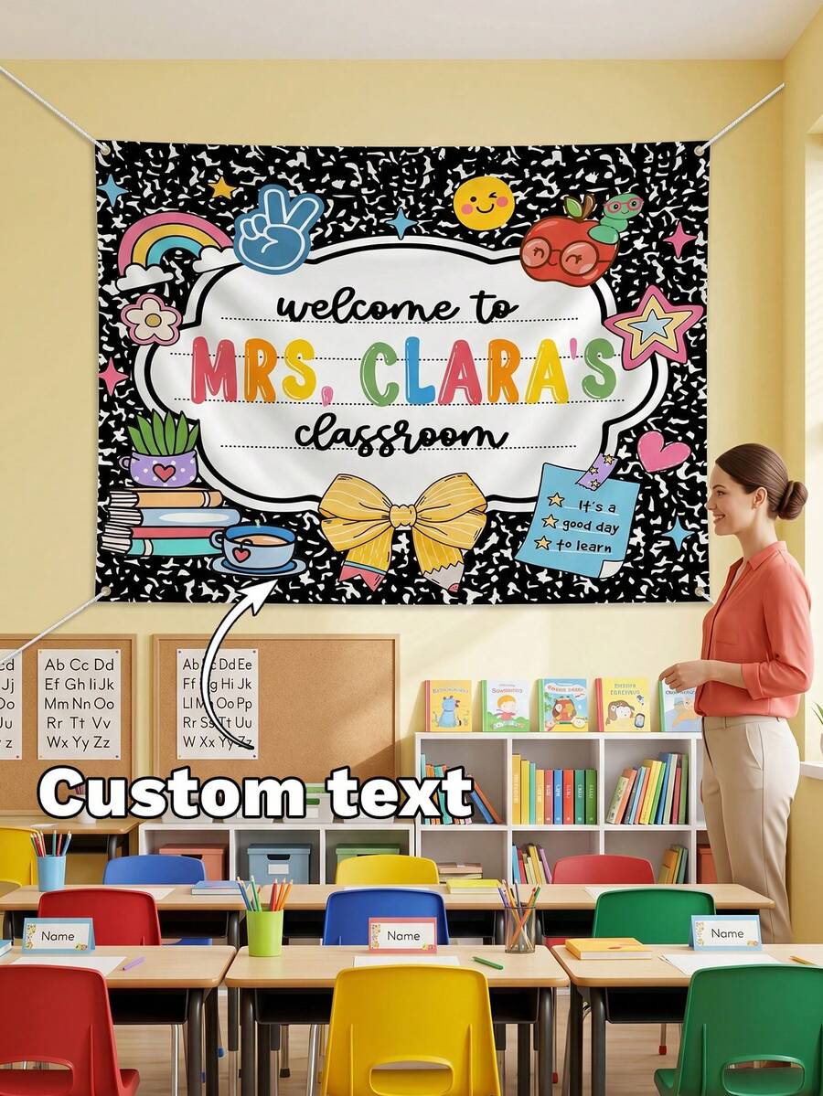 1pc Custom Text Welcome To Classroom Tapestries, Personalized Teacher Name Tapestry, Back To School Gift, Classroom Welcome Sign - Multicolor - View 1