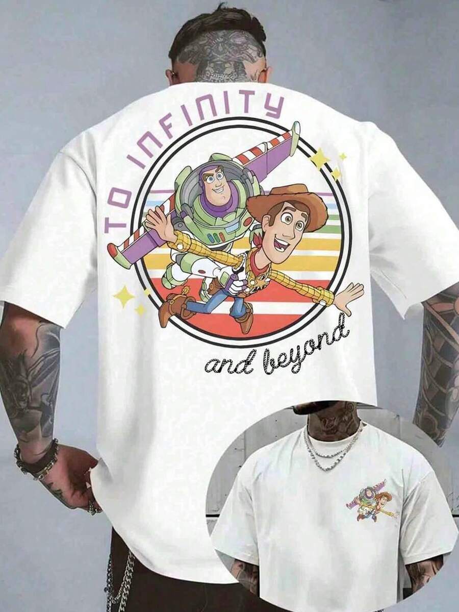 [Officially Licensed Disney] Unisex Crew Neck Printed T-Shirt - Featuring Disney Toy Story Graphics And Infinity And Beyond Letter Prints. - White - View 1
