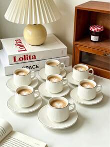 6set/1set Gold & Silver Vertical Stripe Ceramic Series Cup & Saucer, Espresso Latte Art Cup, Exquisite Afternoon Tea Cup Including Coffee Cup And Saucer. Suitable For Hotel, Restaurant, Home Use, Table Decoration, Afternoon Tea, Coffee Drinking, Flower Tea, Personalized Gift, Souvenir, Party, Gathering, Birthday, Wedding Gift And Dinner. Perfect Valentine's Day Gift For Him, Mother's Day Gift - Multicolor - View 7